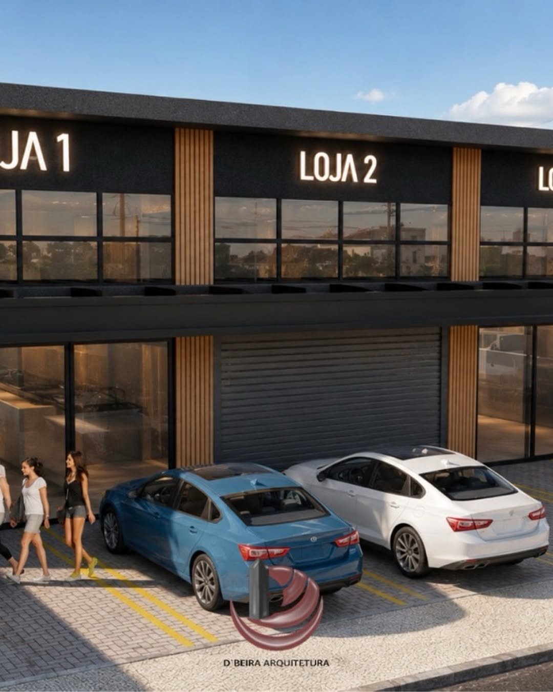 Complexo comercial com lojas projetado pela D'Beira Arquitetura